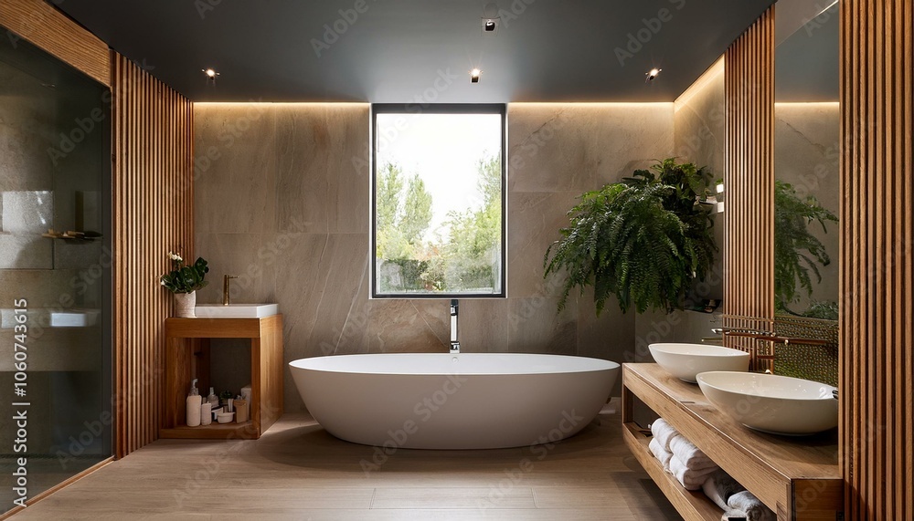Elegant bathroom design with wooden accents and modern fixtures. 3D Rendering Elegant bathroom design with wooden accents and modern fixtures. 3D Rendering
