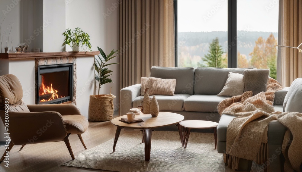 Home interior with sofa and armchairs, coffee table and fireplace near window Home interior with sofa and armchairs, coffee table and fireplace near window