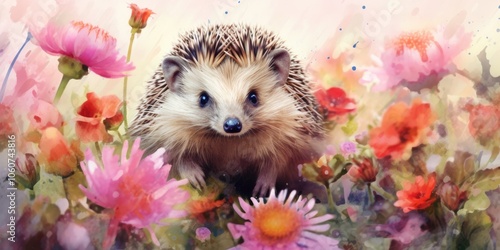 Charming hedghog amidst a field of colorful flowers. photo