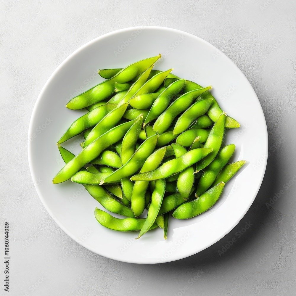 A plate of fresh green edamame beans on a white surface. A plate of fresh green edamame beans on a white surface.