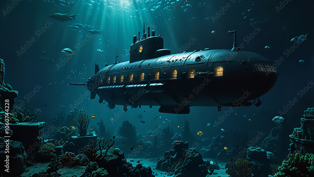 A submarine exploring an underwater city. A submarine exploring an underwater city.