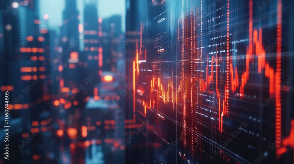 City skyline with a large screen displaying a graph of stock prices. The graph is red and orange, indicating a significant drop in the stock market. Scene is tense and uncertain, as investors City skyline with a large screen displaying a graph of stock prices. The graph is red and orange, indicating a significant drop in the stock market. Scene is tense and uncertain, as investors