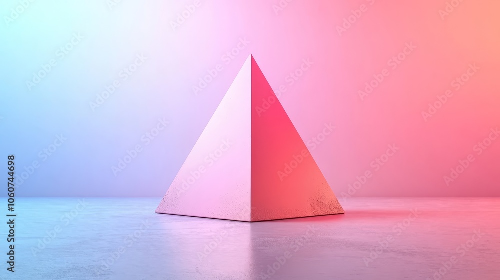 A pink pyramid is standing on a grey floor A pink pyramid is standing on a grey floor