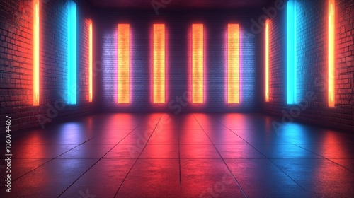 A brightly lit room with neon lights and a red, orange, and blue wall