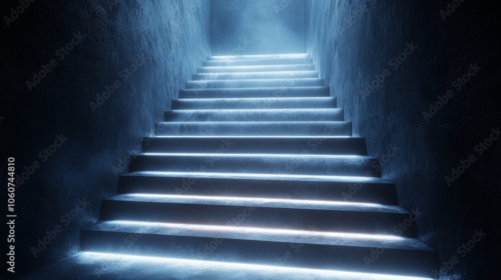 A staircase with blue lighting is shown in a dark room A staircase with blue lighting is shown in a dark room