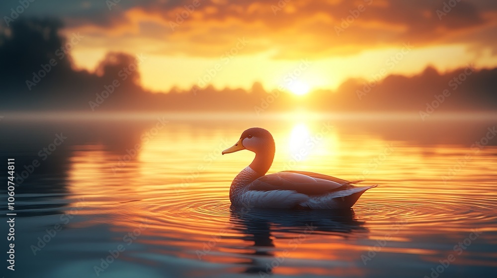 A duck is swimming in a lake at sunset A duck is swimming in a lake at sunset