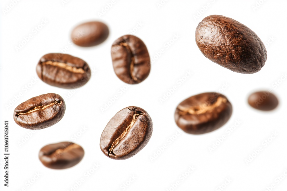 Coffee Beans Falling In Air Isolated On White Background Coffee Beans Falling In Air Isolated On White Background