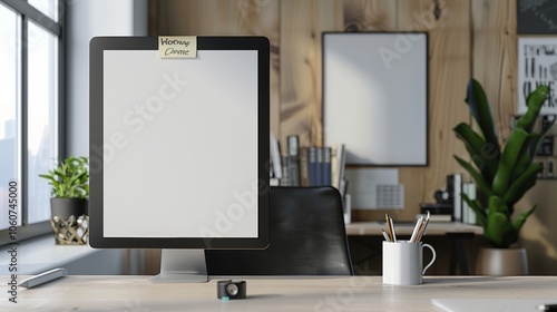 Wallpaper Mural Minimalist office scene featuring blank page with tape attached reminder note for organization Torontodigital.ca