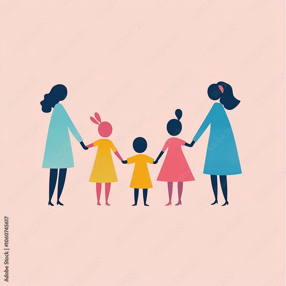 Minimalist illustration of a diverse family with two adult figures and three children standing hand in hand