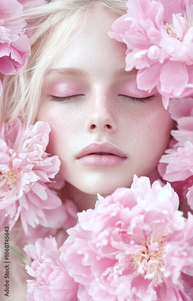 A beautiful blonde woman with pink eye shadow and peonies, beauty photography A beautiful blonde woman with pink eye shadow and peonies, beauty photography
