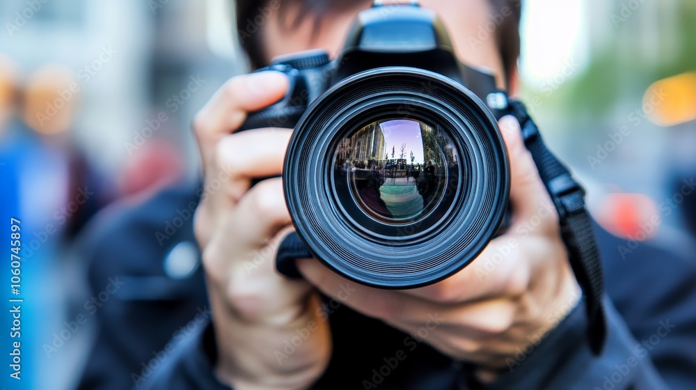 A photographer capturing a moment through the lens of a camera in an urban setting. A photographer capturing a moment through the lens of a camera in an urban setting.