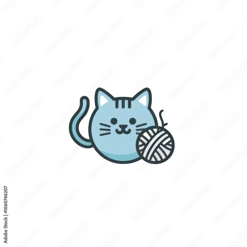 Cute Blue Cat with Yarn Ball Illustration