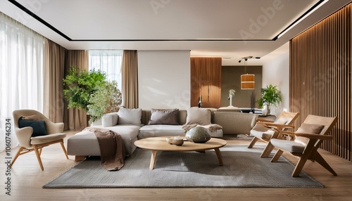 Modern living room with contemporary furniture and wooden accents. 3D Rendering