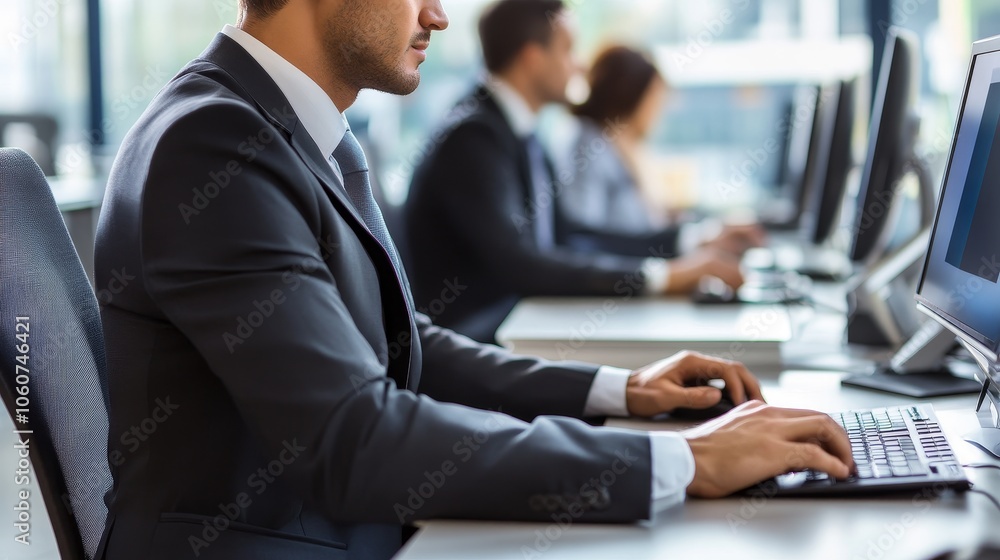 Professionals working at computers in a modern office environment. Professionals working at computers in a modern office environment.