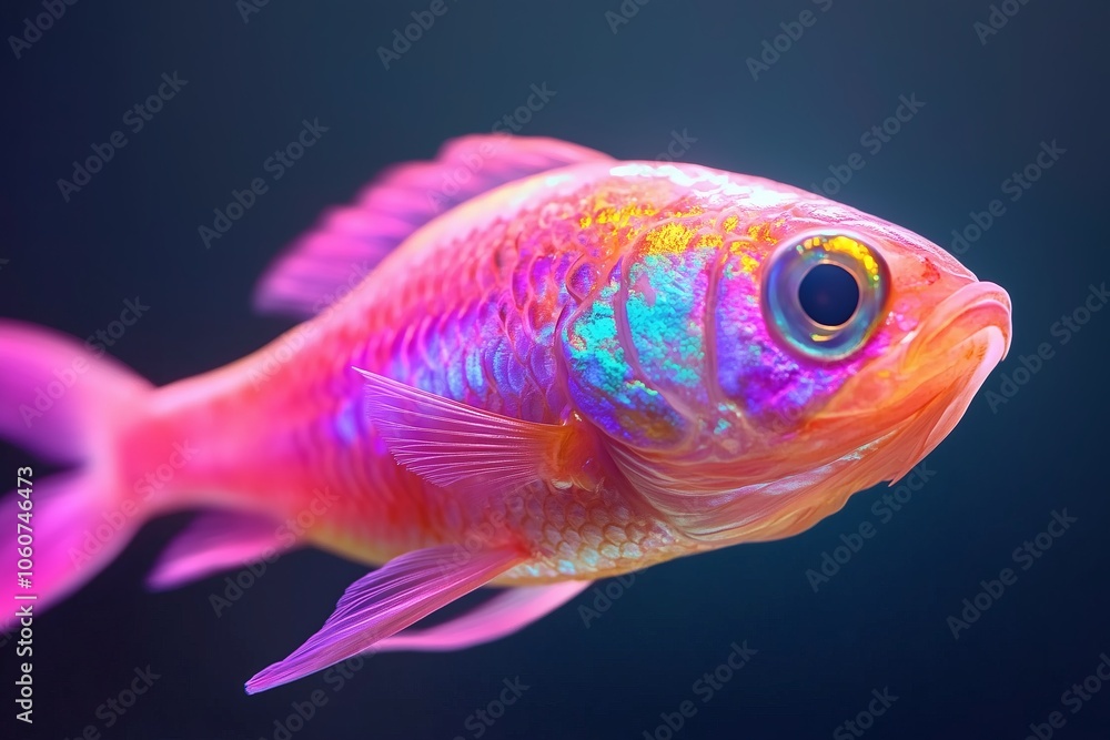 Close up of a colorful tropical fish with vibrant scales against a dark blue underwater background Close up of a colorful tropical fish with vibrant scales against a dark blue underwater background