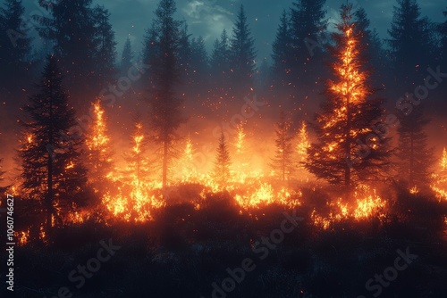 A Forest Fire Engulfs Trees and Undergrowth