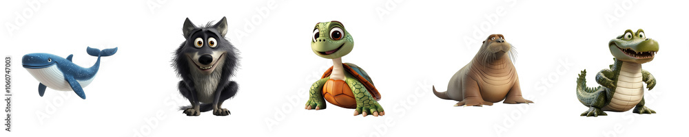 Collection set of animals Whale Wolf Turtle Walrus Alligator isolated on transparent background 3D style Collection set of animals Whale Wolf Turtle Walrus Alligator isolated on transparent background 3D style