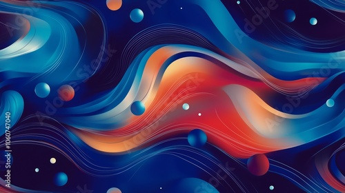 Dynamic abstract fluid shapes with vibrant blue and red colors and glowing spheres on a dark background