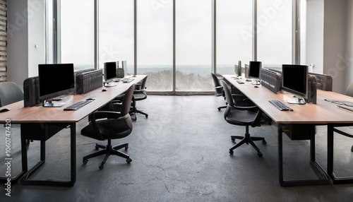 Office room interior with pc computers on stone tables, window. Mockup wall