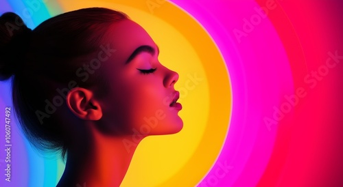 Profile of woman illuminated by vibrant neon colors creating a vivid and artistic visual effect in digital art