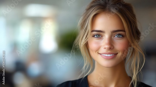 confident businesswoman in an office environment looking directly at the camera with a warm smile embodying professionalism and approachability