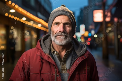 Handsome old man with a gray beard and mustache in a red jacket on a night city street.