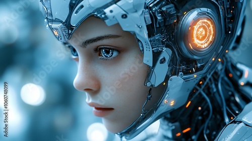 Futuristic Cyborg Woman with Glowing Eye and Mechanical Head photo