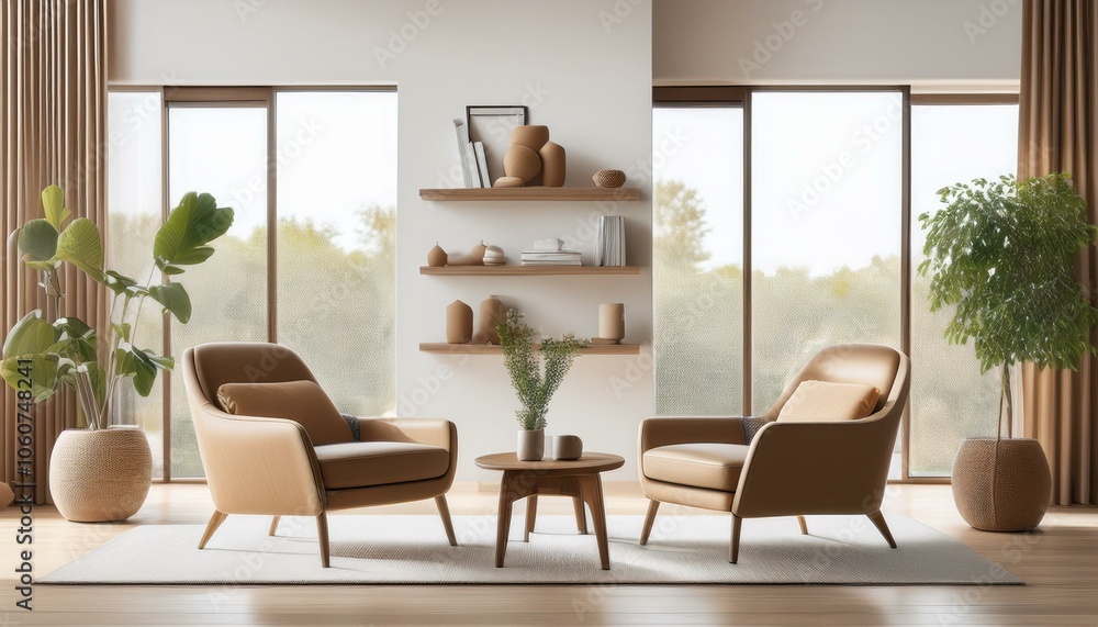 Fototapeta premium Stylish living room interior with two armchairs, shelf and panoramic window