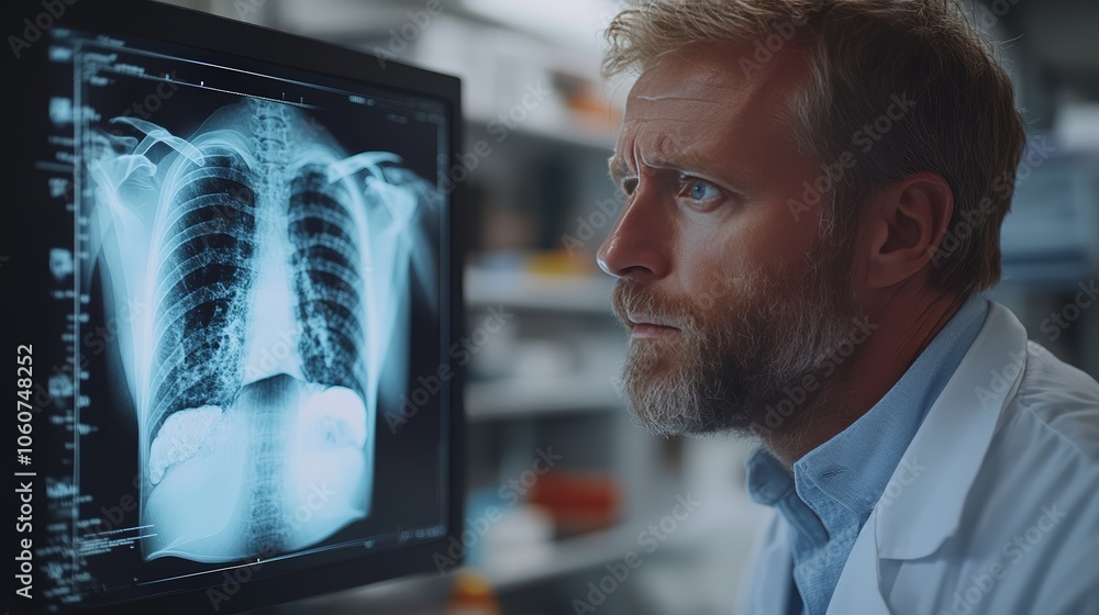 Experienced doctor reviews a lung X-ray film in a medical facility’s research environment Experienced doctor reviews a lung X-ray film in a medical facility’s research environment