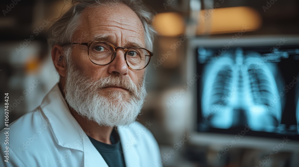 A focused radiologist examines a detailed chest X-ray on a medical ...