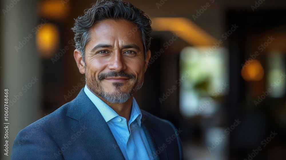 confident mature hispanic businessman in a sharp suit smiling warmly at the camera with a blurred office background conveying professionalism and success confident mature hispanic businessman in a sharp suit smiling warmly at the camera with a blurred office background conveying professionalism and success