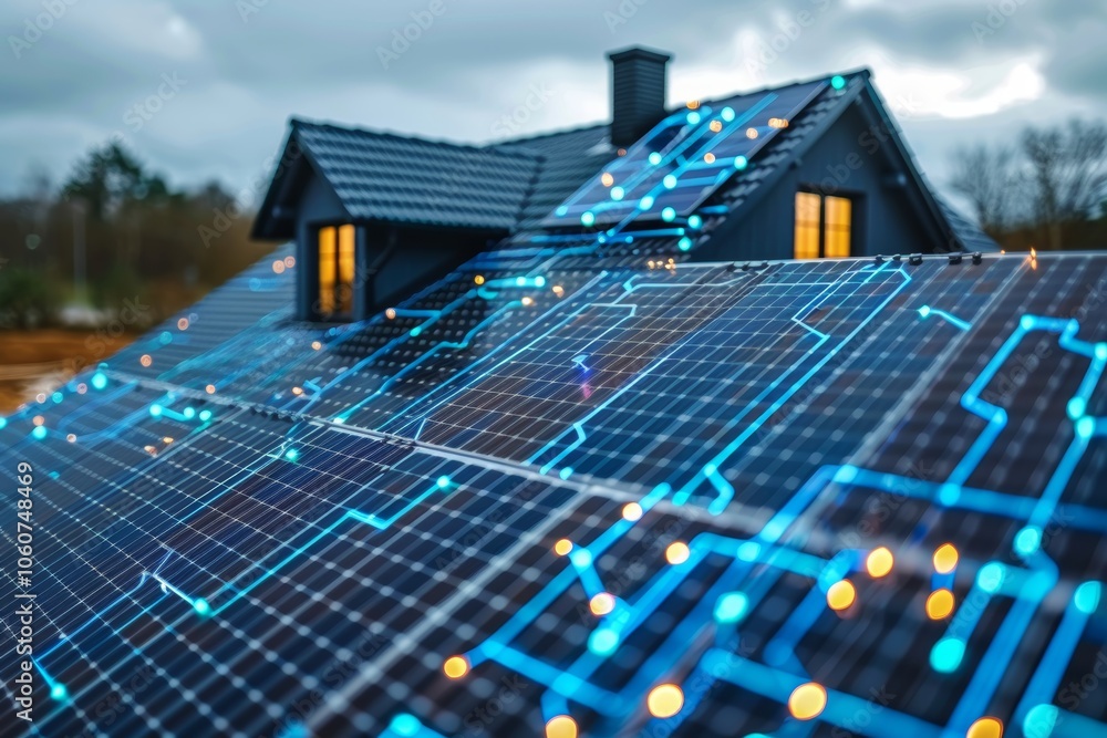 A modern smart home featuring solar panels with advanced technology at dusk, highlighting sustainability and energy efficiency in a suburban setting A modern smart home featuring solar panels with advanced technology at dusk, highlighting sustainability and energy efficiency in a suburban setting