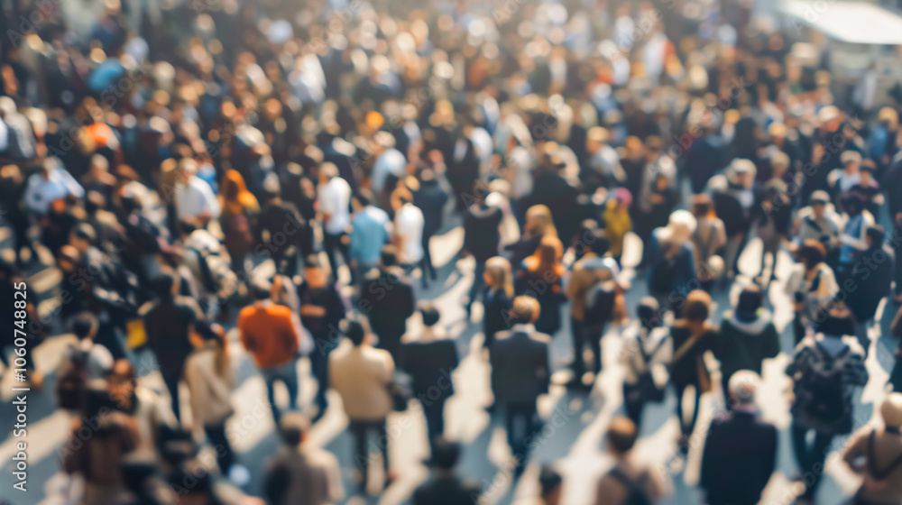 Obraz premium A blurred crowd of people, conveying the concept of business and mass movement within a city or corporate environment.