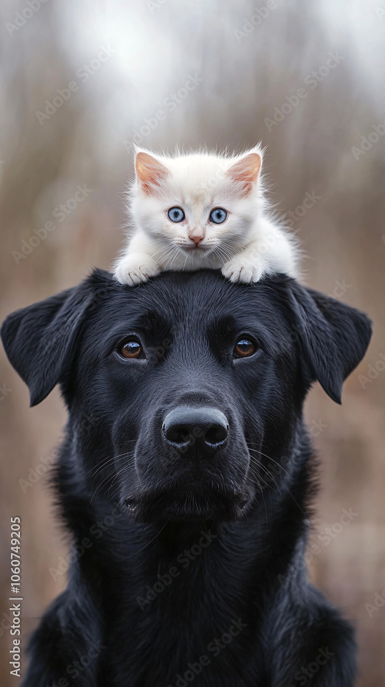 Obraz premium Cat and dog sleeping together. Kitten and puppy taking nap. Home pets. Animal care. Love and friendship. Domestic animals. 