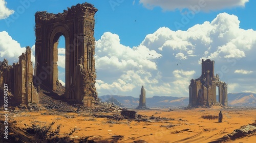 A lone figure stands amidst the ruins of a once great city in a vast desert landscape. photo