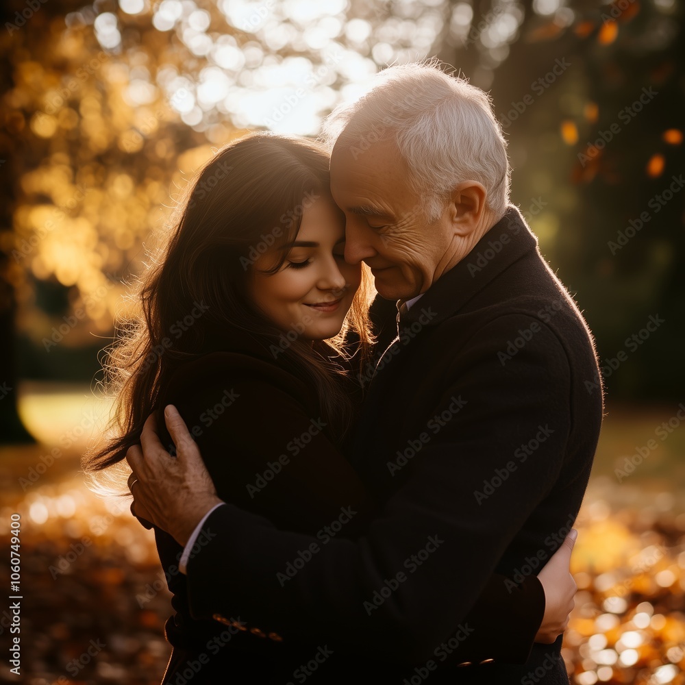 Elderly man and young woman embracing in a warm autumn setting with golden leaves in the background Elderly man and young woman embracing in a warm autumn setting with golden leaves in the background
