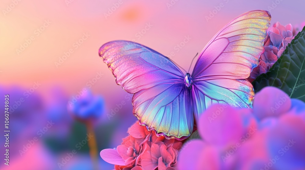 Vibrant butterfly resting on pink blossoms with a dreamy sunset sky in the background and soft focus Vibrant butterfly resting on pink blossoms with a dreamy sunset sky in the background and soft focus