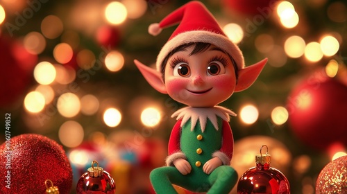 Cheerful elf in a festive outfit sitting surrounded by holiday toys and decorations