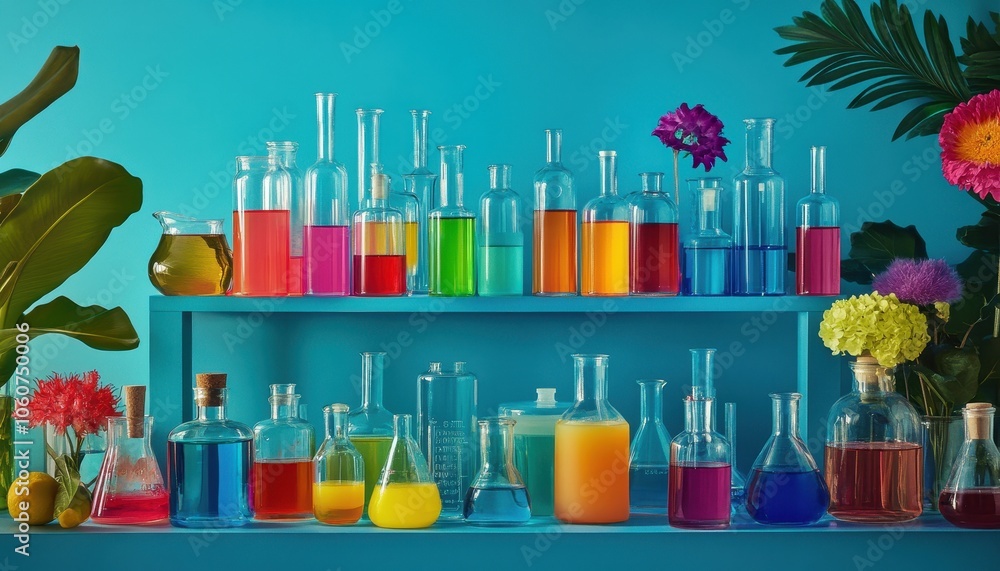 Colorful chemistry lab setup with glassware and vibrant substances on a blue backdrop Colorful chemistry lab setup with glassware and vibrant substances on a blue backdrop