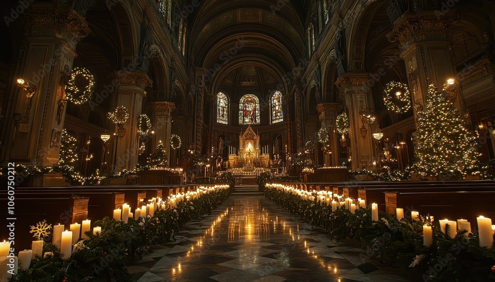 Candlelit church decorated for Christmas celebration with festive ambiance Candlelit church decorated for Christmas celebration with festive ambiance