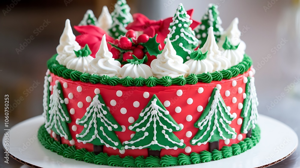 Red and Green Christmas Cake with Icing Trees Red and Green Christmas Cake with Icing Trees