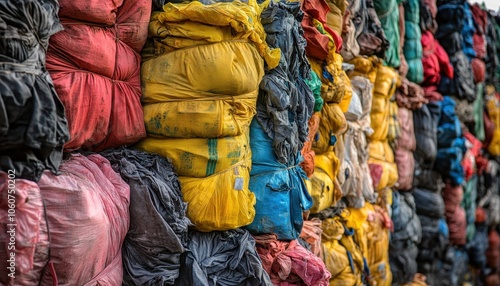 Textile fabric clothes piled for recycling highlighting clothing industry pollution