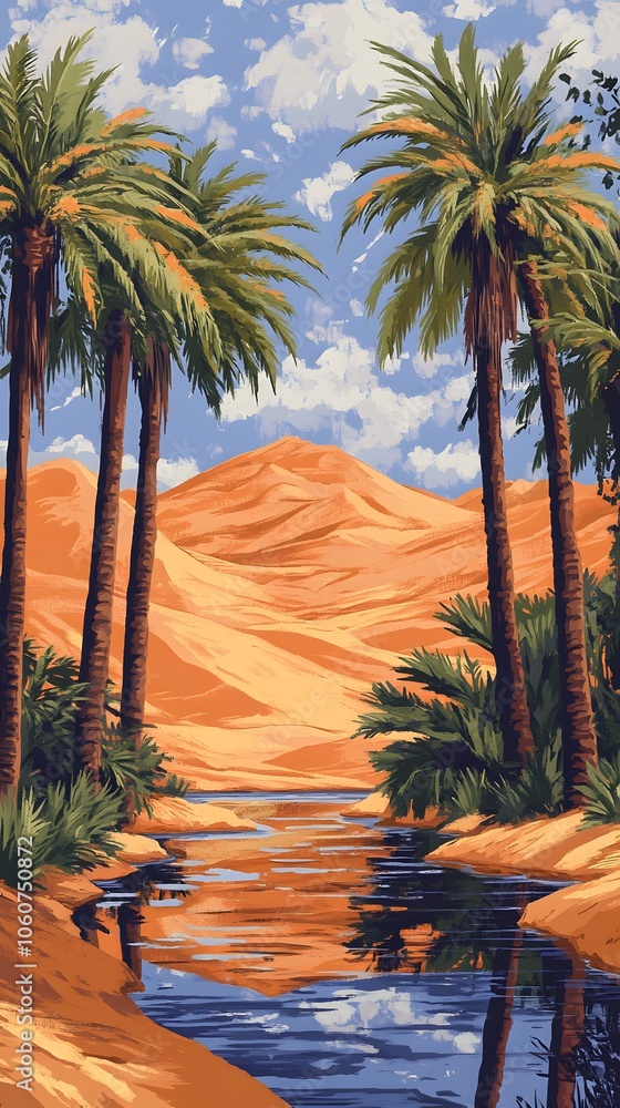 Fototapeta premium A desert oasis with palm trees and water, painted in the style of vintage poster art. The orange sand dunes loom behind it, creating an exotic atmosphere