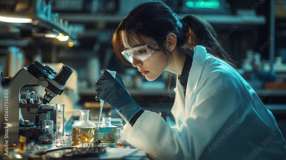 A female scientist focused intently as she works in a high-tech laboratory, surrounded by scientific equipment and glassware. A female scientist focused intently as she works in a high-tech laboratory, surrounded by scientific equipment and glassware.