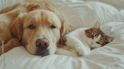 Cat and dog sleeping together. Kitten and puppy taking nap. Home pets. Animal care. Love and friendship. Domestic animals. 