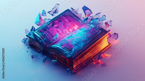 The enchanted book glows with magic as shattered crystals surround it inviting gamers to explore its mystical secrets and unravel the stories within