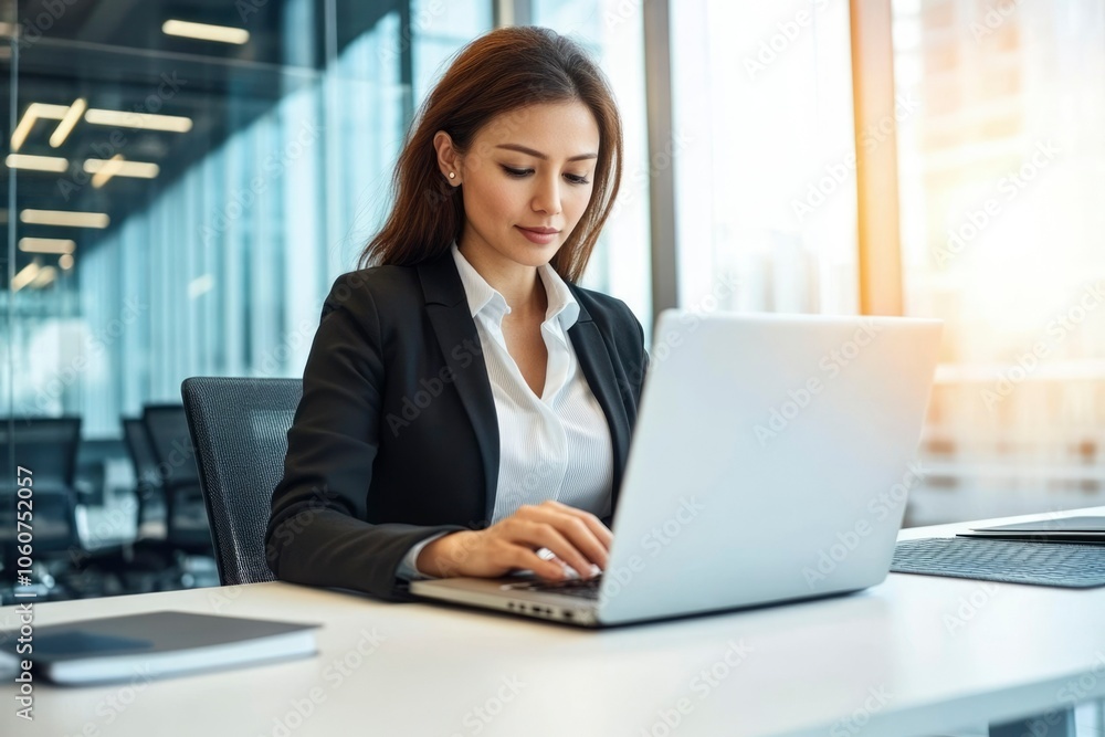 Businesswoman Working on Laptop in Modern Office Businesswoman Working on Laptop in Modern Office