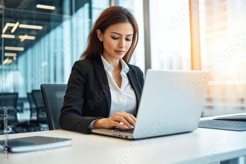 Businesswoman Working on Laptop in Modern Office