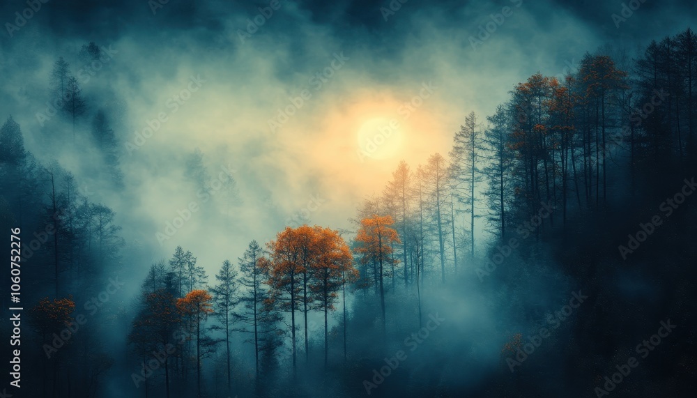 Mystical sunset through fog over trees, creating a serene and chaotic atmosphere Mystical sunset through fog over trees, creating a serene and chaotic atmosphere