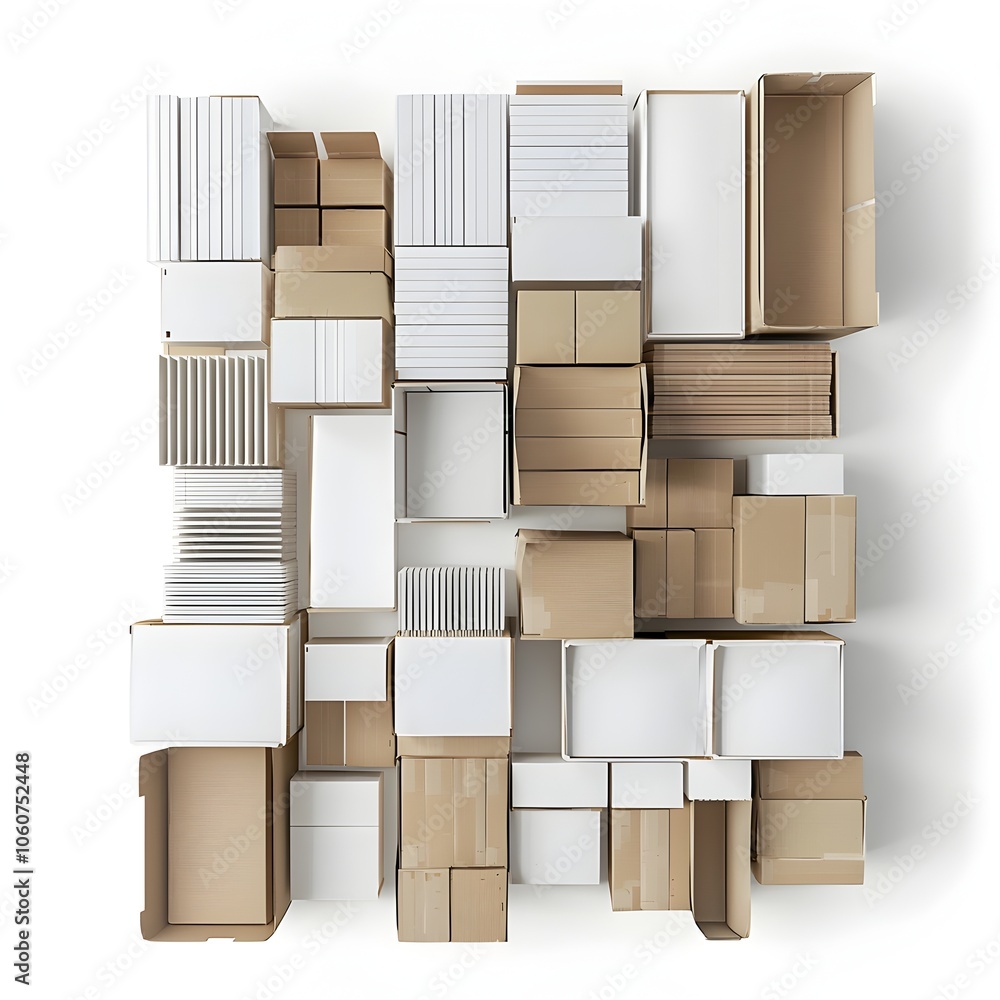 Stacked Cardboard Boxes in White Warehouse Aisle on Minimalist Background Stacked Cardboard Boxes in White Warehouse Aisle on Minimalist Background